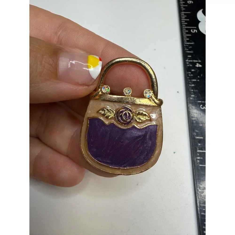Gold Tone Purple Enamel Handbag Brooch Rose Rhinestone Purse Pin Accessory